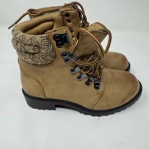 Kids Tan Lace-Up Ankle Boots with Knit Cuff